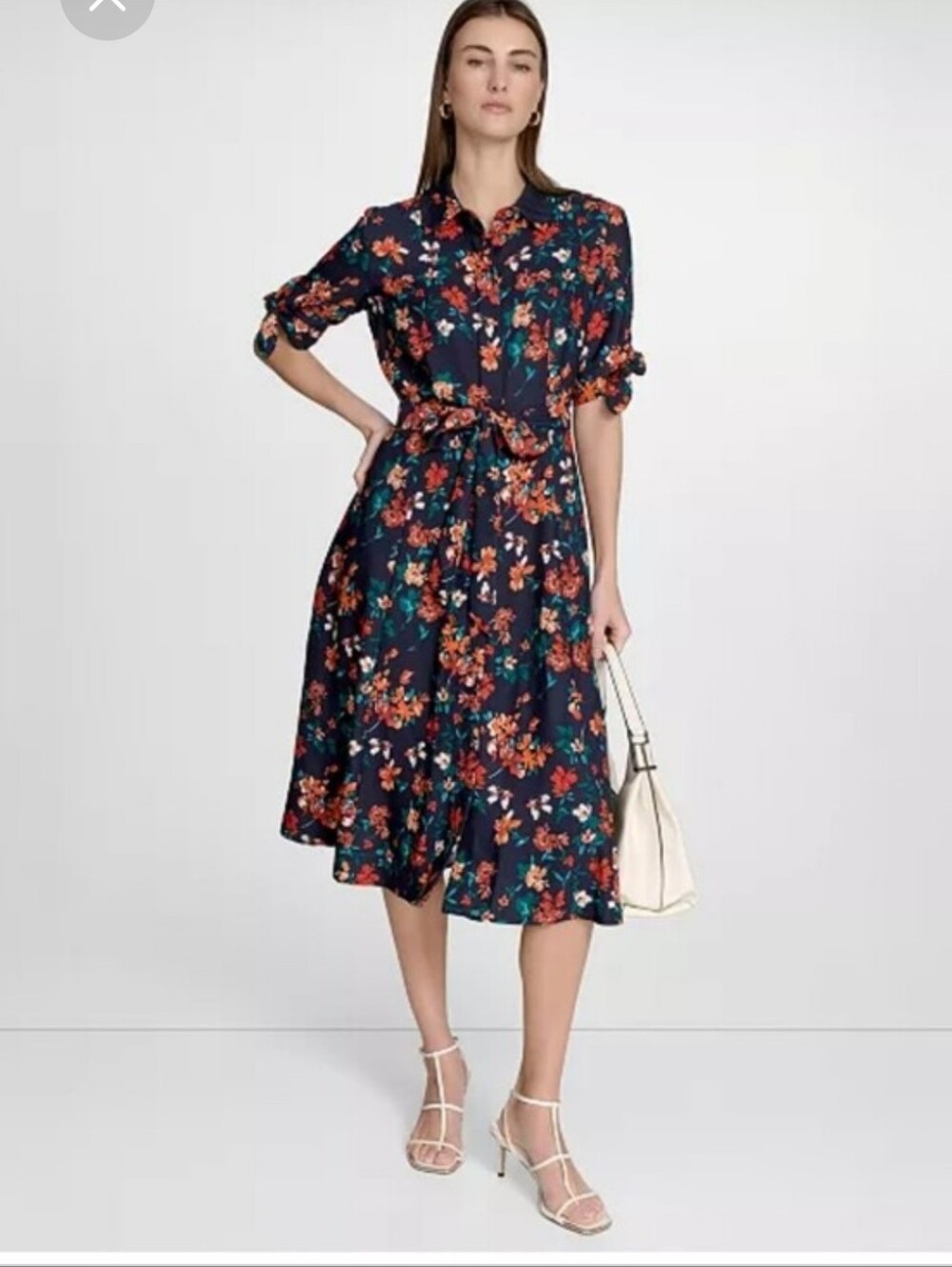 Calvin Klein NWT $139 Floral Belted Midi Shirt Dress Size 6 Workwear
